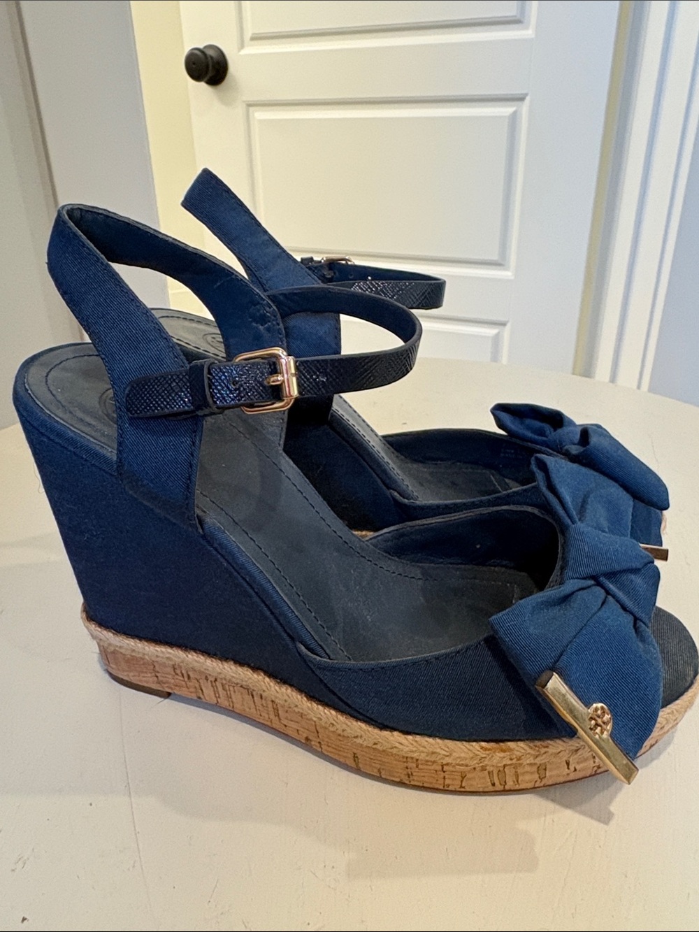 Tory Burch Navy Bow Espadrille Wedge Sandals - Picture 2 of 8